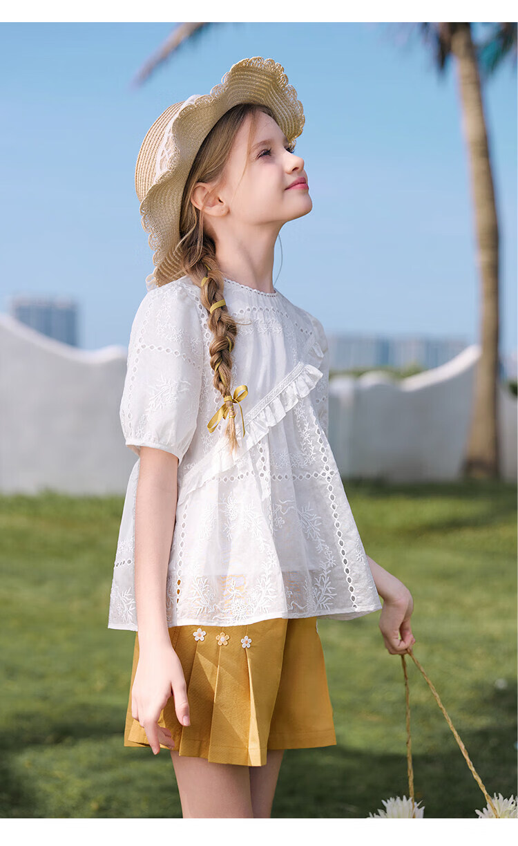 CHANZUIGOU Girls French Style Hollow Embroidered Top 2026 Summer New Breathable Short Sleeve Shirt 18